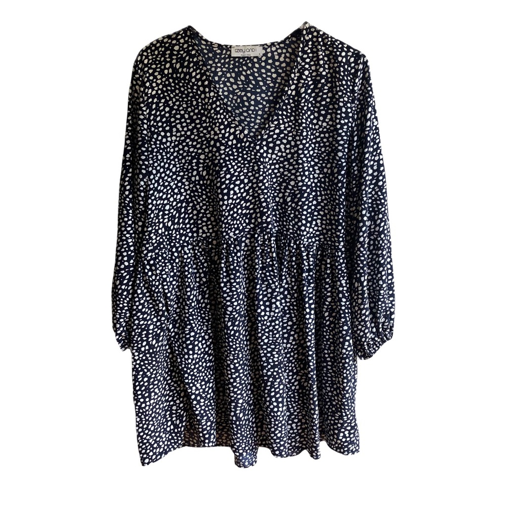 Ebby & I Printed Long Sleeve Dress Size 8 Pockets Knee Length Dots V-Neck Navy